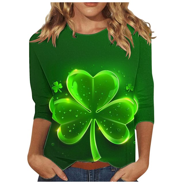 Diufon T-Shirts de la Saint-Patrick pour Femmes, Grande Taille, Imprimé Trèfle, Manches 3/4, Col Rond