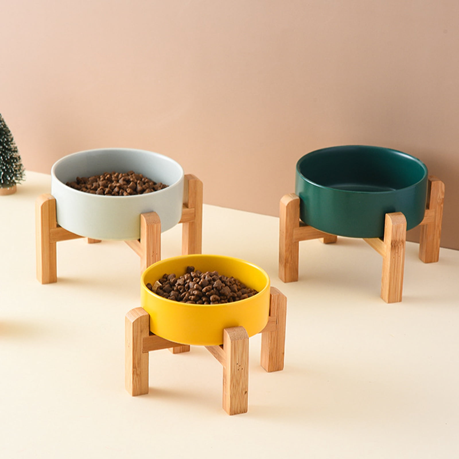 Ceramic Pet Double Bowl Dish Set with Wood Base Small Dog and Cats Feeding Station NonSpill Design for Home Use
