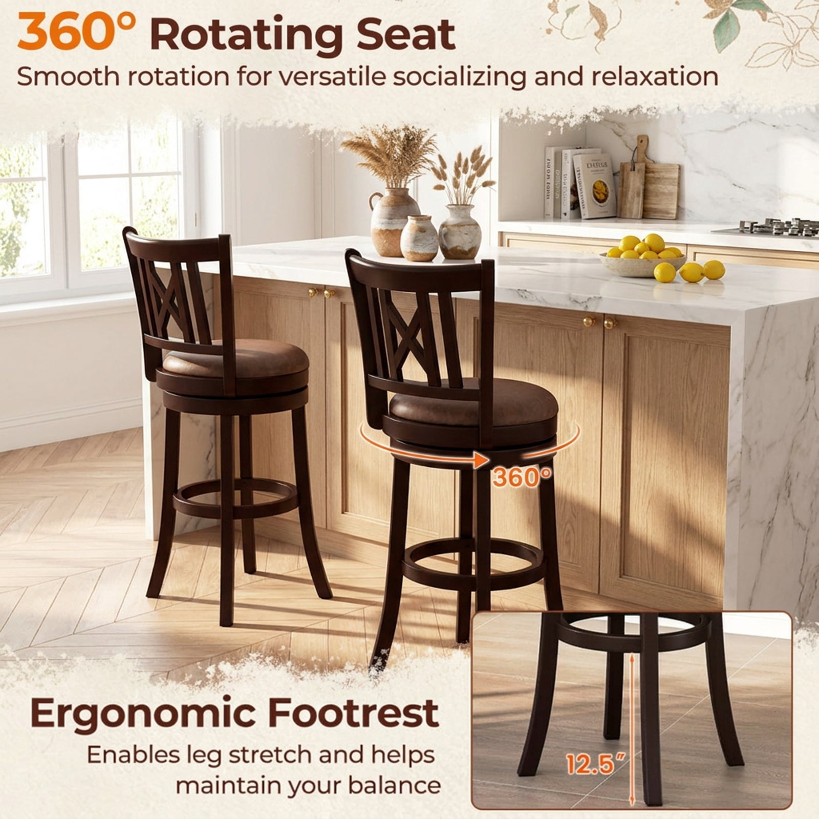 Furnibear Set of 2 Bar Stools Swivel Bar Chairs with Footrest and Hollowed Backrest-30 inches for Kitchen Island Counter Bar Pub Dining Home, Coffee