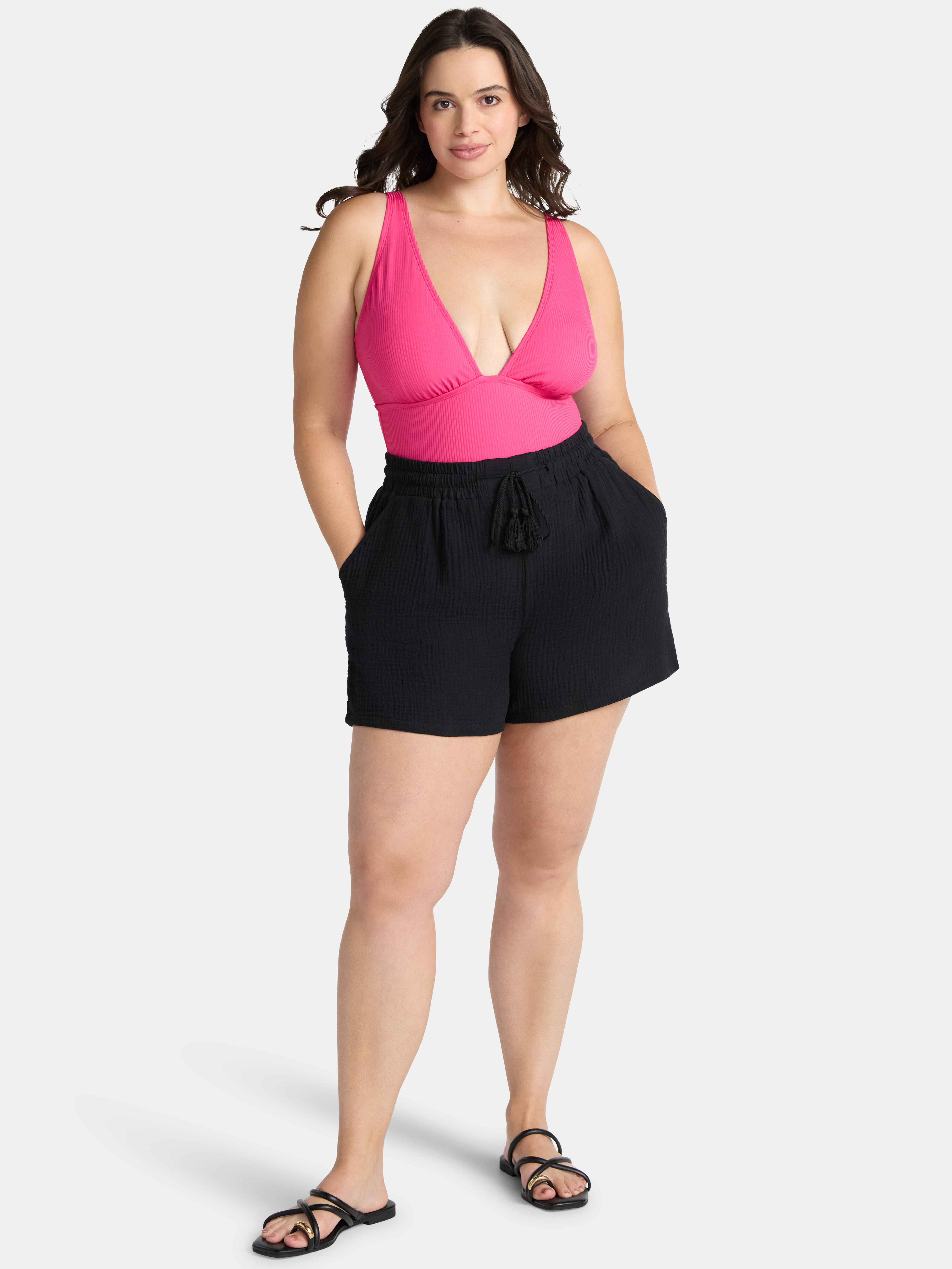 Time and Tru Women's Textured Cotton Coverup Shorts, Sizes XS-3X