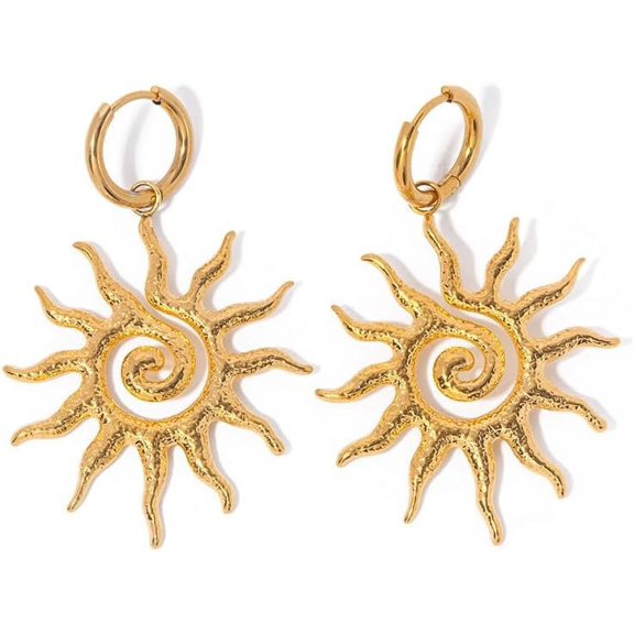 Spiral Sun Huggie Dangle Drop Earring for Women 14K Gold Plated Lightweight Drop Punk Stainless Steel Sunflower Charm Minimalist Statement Trendy Jewelry Gifts Valentine's Day Xmas