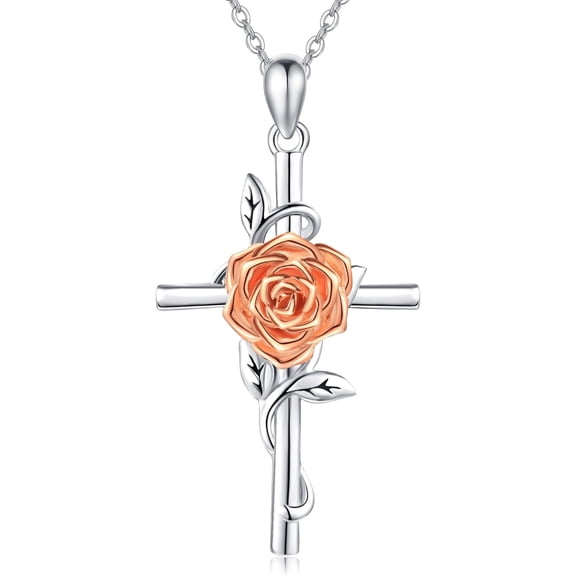 XATENJE Rose Necklace 925 Sterling Silver Rose Cross Pendant Necklace June Birth Flower Jewelry for Women