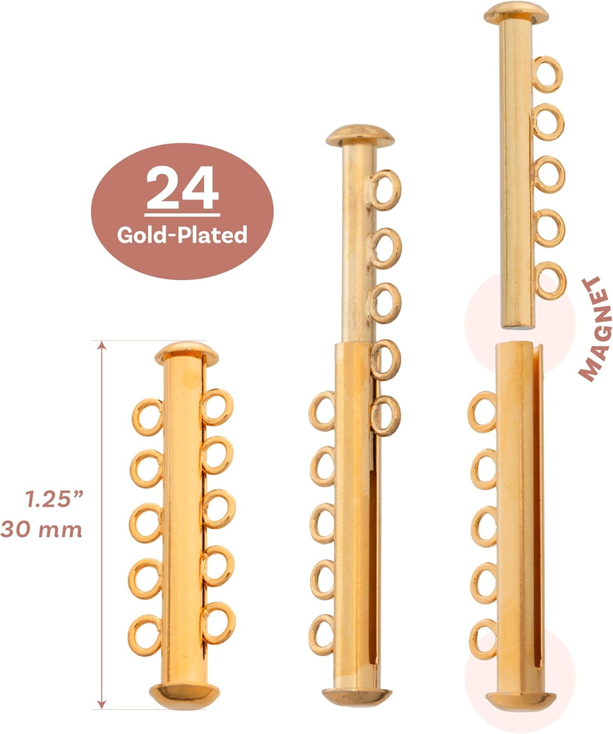 The Beadsmith Magnetic Multi-Strand Slide Lock Clasp - Gold-Plated, 32 mm, 5 Strand Designs, 24pc
