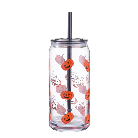 Halloween Pumpkin Glass Tumbler - Can Shaped Drinking Cup with Lid and Straw, Fall Seasonal Iced Coffee Cup
