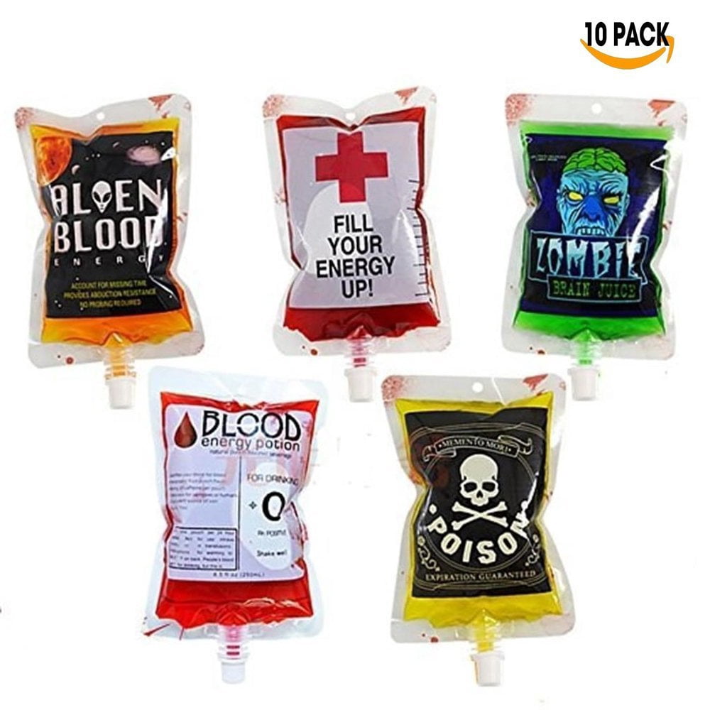 10 Pack 5 patterns Reusable Novelty Blood Bag Drink Container Halloween