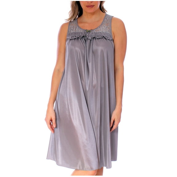 Women's Silky Feeling Sleeveless Tricot Nightgown with Floral Lace Design, Charcoal, Size Medium