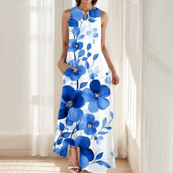 Nuoqisi 2026 Women Summer Casual V-Neck Sleeveless Maxi Dress Beach Vacation Business Work Holiday Sundress