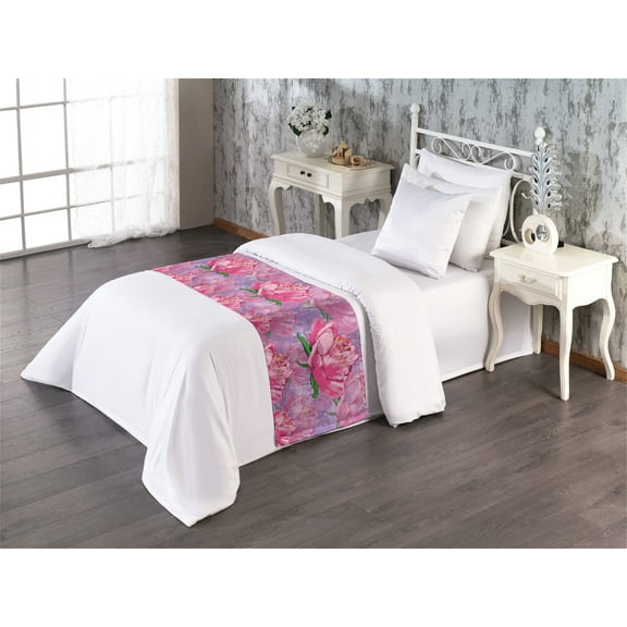 Peony Bed Runner, Botany Inspiration Flowers Vintage with Watercolor Petals Dreamy Back Art, Decorative Accent Bedding Scarf for Hotels Homes & Guest Rooms, Twin, Hot Pink Green Fuchsia, by Ambesonne