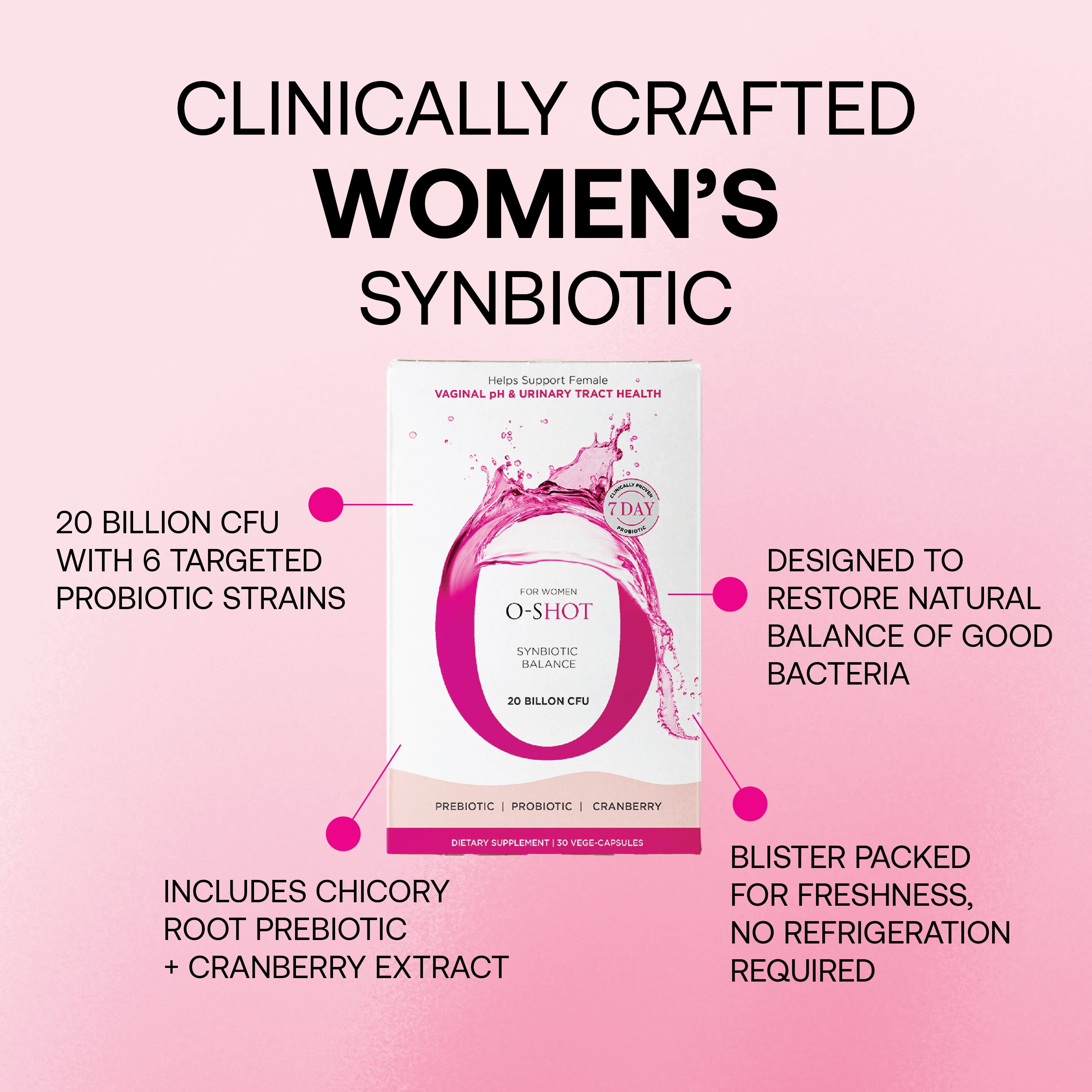 O-Shot Synbiotic Women’s Probiotic with Cranberry Extract, 30 Vegetable Capsules