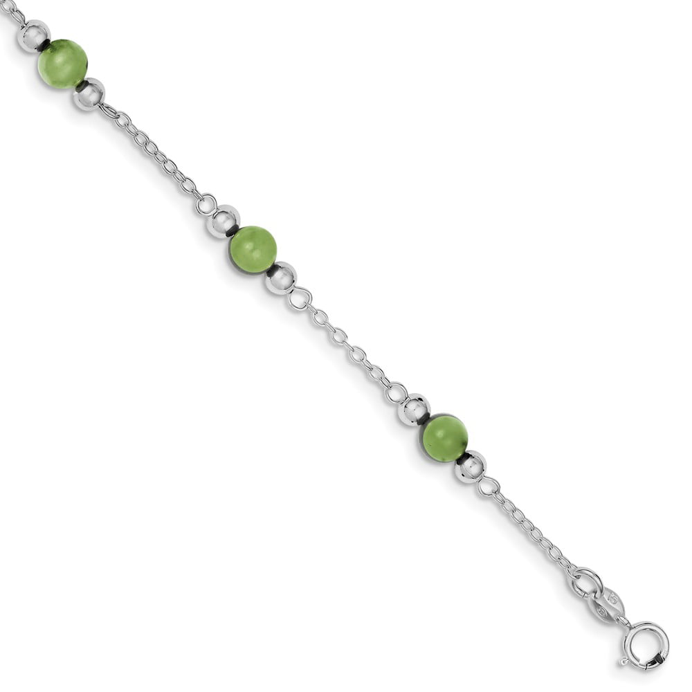 Solid 925 Sterling Silver 9inch Green Jade Anklet 9