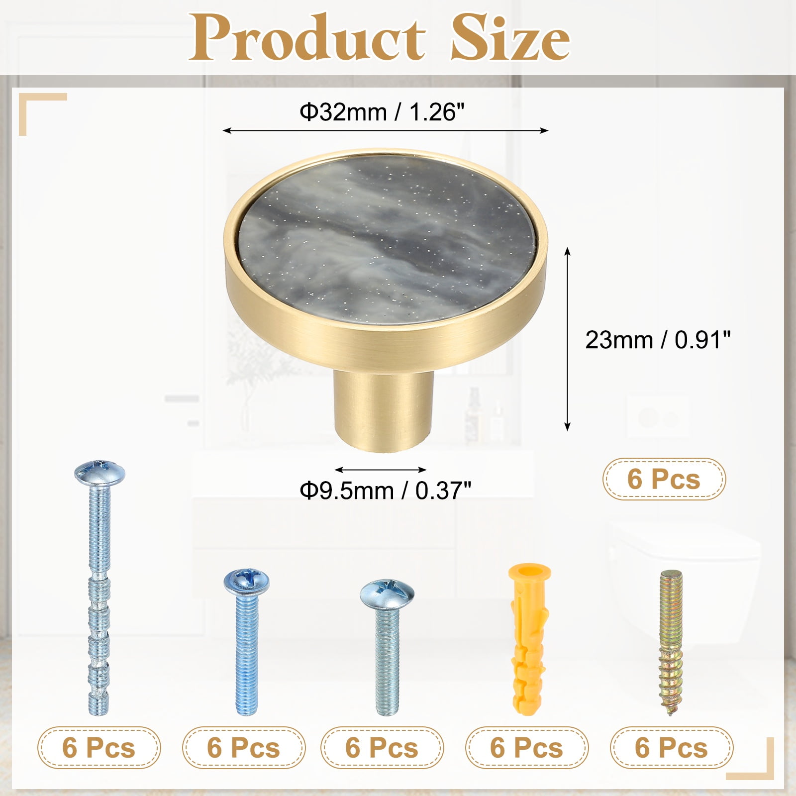 6Pack Gold Cabinet Knobs 1-1/4" Round Knobs Cabinet Handles, Starry Sky