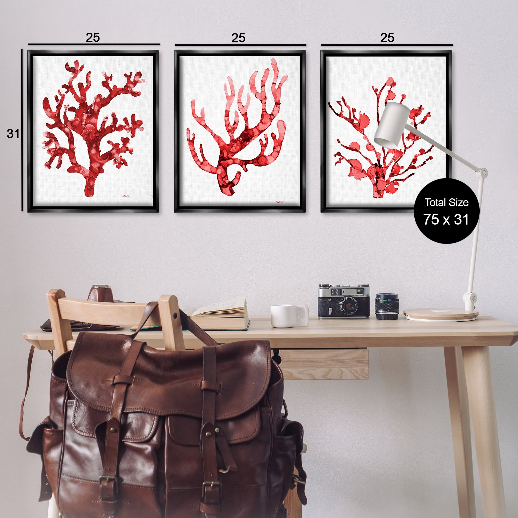 Stupell Industries Bold Red Coral Nautical & Beach Painting Black Floater Framed Canvas Art Print Wall Art, 25 x 31, Set of 3