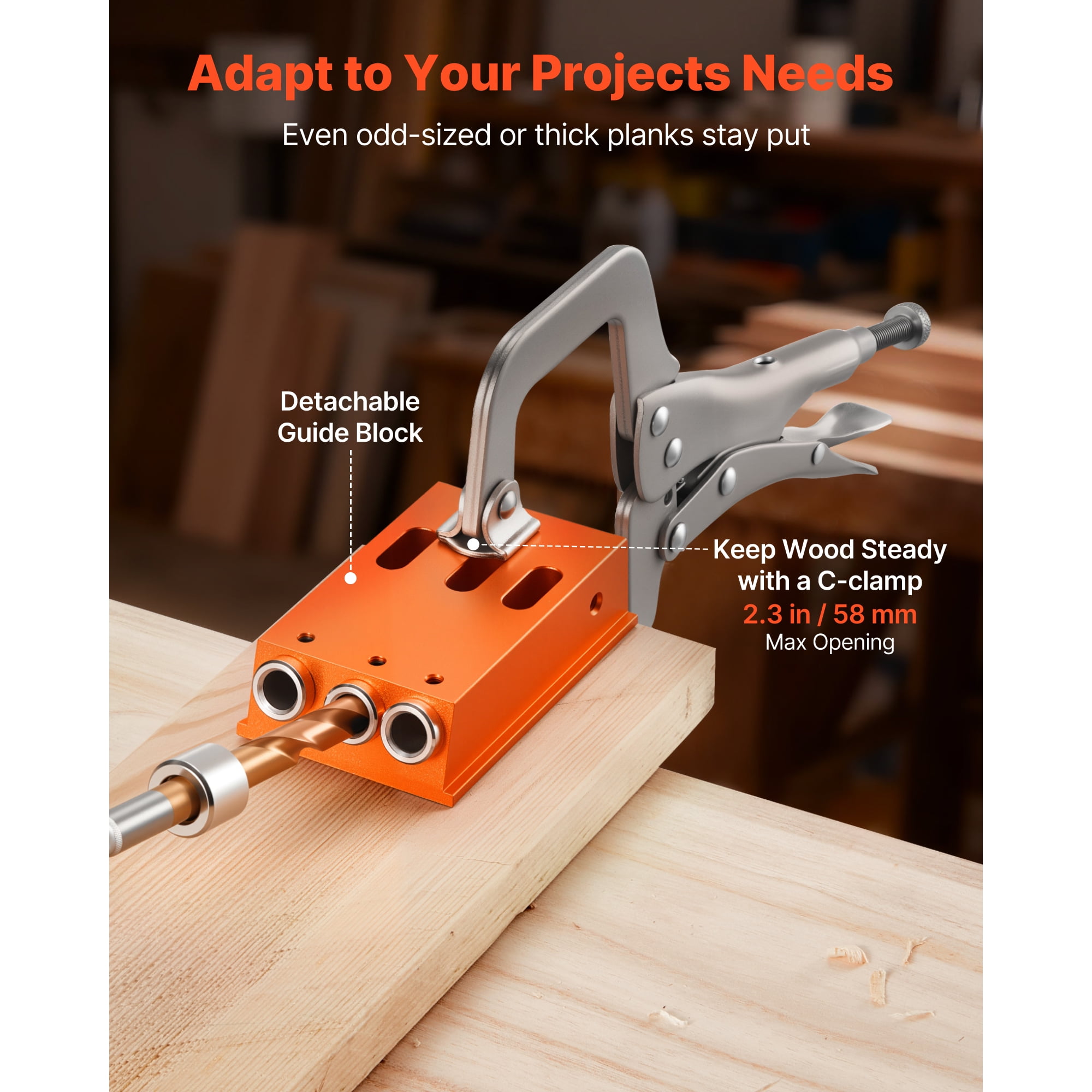 KFFKFF Adjustable Pocket Hole Jig Kit, Compatible with 1/2 to 1-1/2 Inch Materials, Includes Toolcase, C-Clamp, Step Drill, Hex Wrench, Drill Stop Ring, Square Drive Bit, Durable Metal Frame