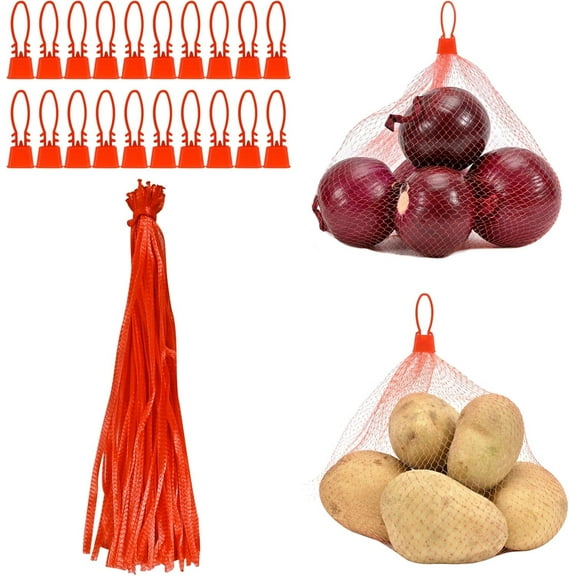 LZLINGMEI 100 Pcs Reusable Produce Mesh Bags, 24 inch Reinforced Mesh Bag with Plastic Fastening Latch, Fruits Vegetables Storage Nylon Bags, Grocery Toys Bags, Seafood Boil Bag