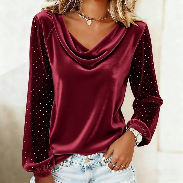 Xuyuer Metallic Velvet Mesh Splicing Top - Women's Solid Color Elegant Long Sleeve Blouse for Evening Gala Events, Holiday Party Glamour & Luxurious Night Out Ensembles