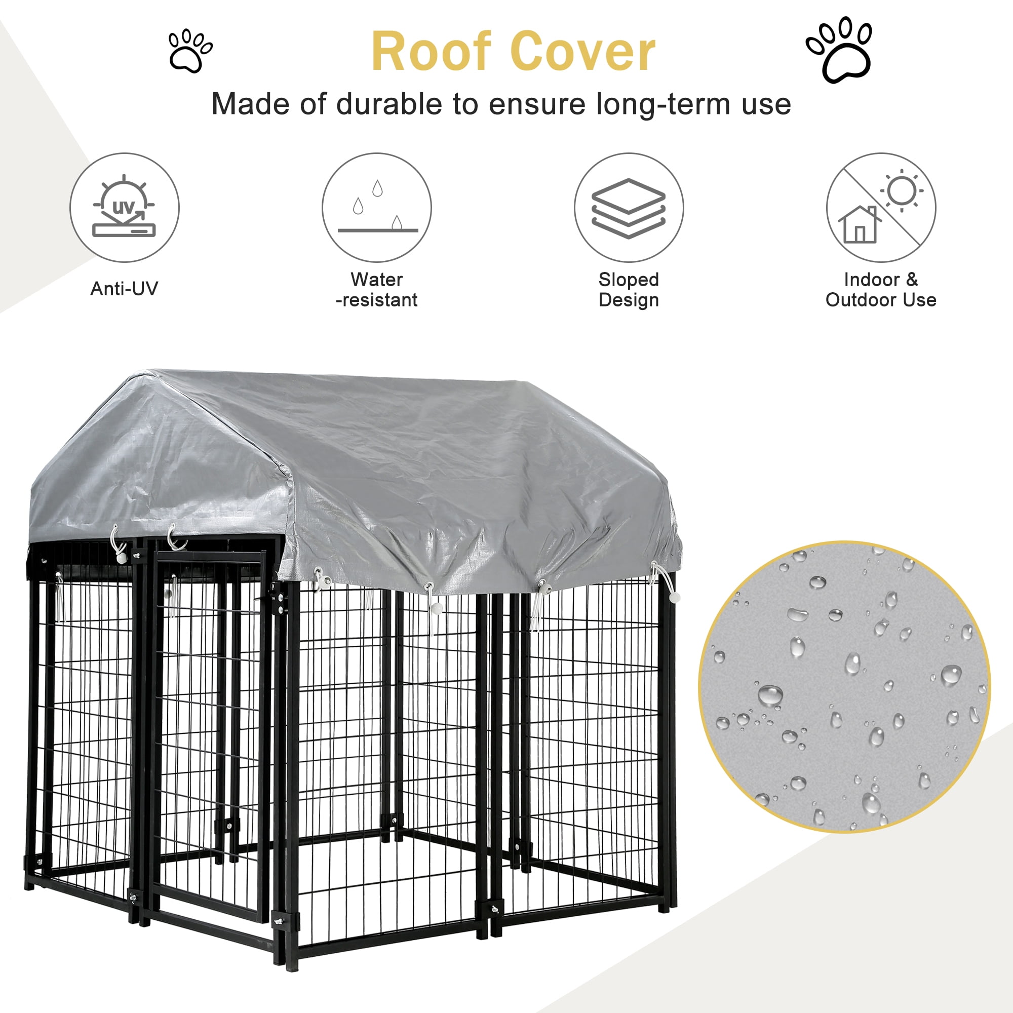 YRLLENSDAN 4 x 4 x 4.4 Ft Dog Kennel Outdoor Dog Pen Playpen House Heavy Duty Dog Crate Metal Galvanized Welded Pet Animal Camping Cage Fence with UV-Resistant Waterproof Cover and Roof