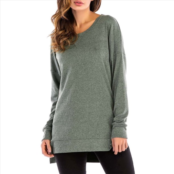 Sudadera de Mujer de Color Liso con Cuello Redondo, Larga y Abertura Frontal Corta y Trasera Larga Verde XL