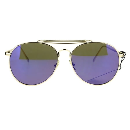 Trendy Flat Panel Color Mirror Lens Metal Frame Aviator Sunglasses Gold Blue