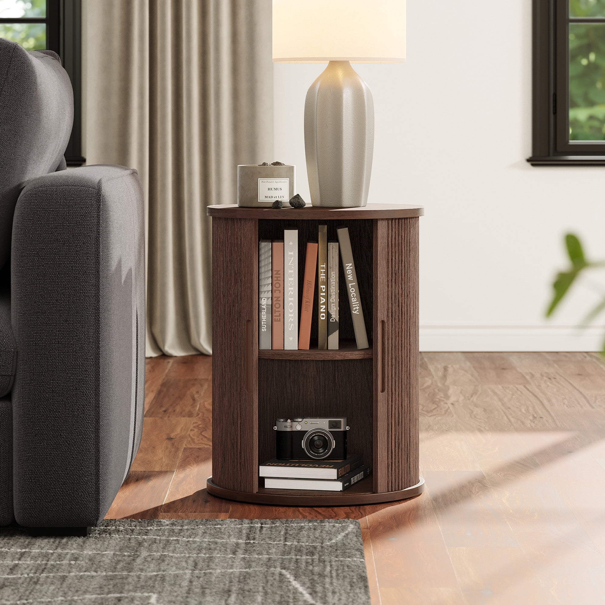 LINSY HOME Fluted Round End Tables for Living Room, Nightstand for Bedroom with with Sliding Tambour Door and Adjustable Shelves, Walnut(1 Pcs)