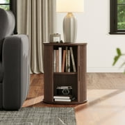 LINSY HOME Fluted Round End Tables for Living Room, Nightstand for Bedroom with with Sliding Tambour Door and Adjustable Shelves, Walnut(1 Pcs)