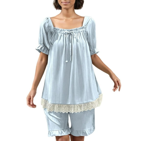 Paiwinds Women’s Lace Trim Short Sleeve Pajama Set - Crew Neck Loose Shorts, Soft Polyester Spandex Blend for Feminine Sleepwear