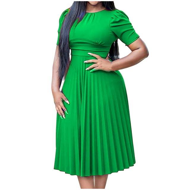 Women Fashion Solid Color Round Neck Temperament Crimping Waist Retraction Dress