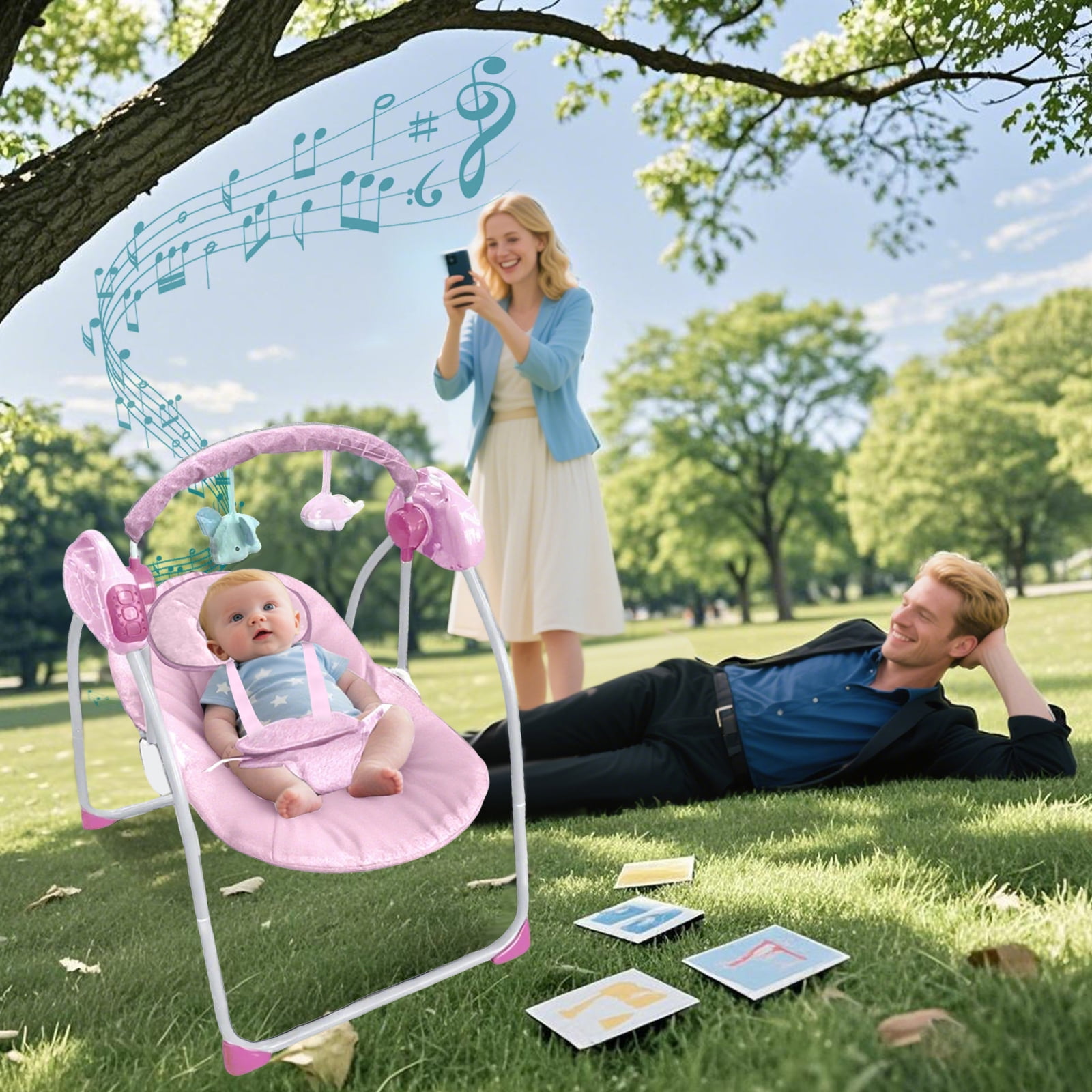 LHUAI, Electric Baby Swing And Bouncer Combo, Portable Compact Automatic, Bluetooth Music, 12 Preset Melodies, Remote, Pink