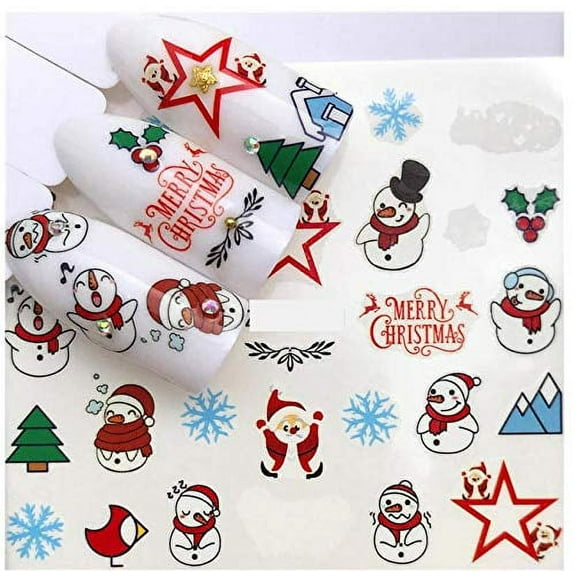Full Sheet White Snowman Green Christmas Tree Red Santa Clause Nail Stickers - Nail Art Nail Wrap Nail Decals