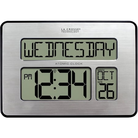 La Crosse Technology Atomic Digital Wall Clock with Calendar and Indoor Temperature, Brushed Aluminum, 513-1419-Int