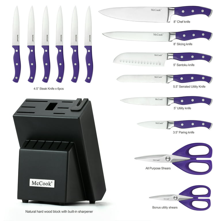 Knife Set, 9 Pieces Purple Kitchen Knife Set, Stainless Steel Professional  Chef Knife Set with Acrylic Stand, No Rust Knife Set with Block, Shapener