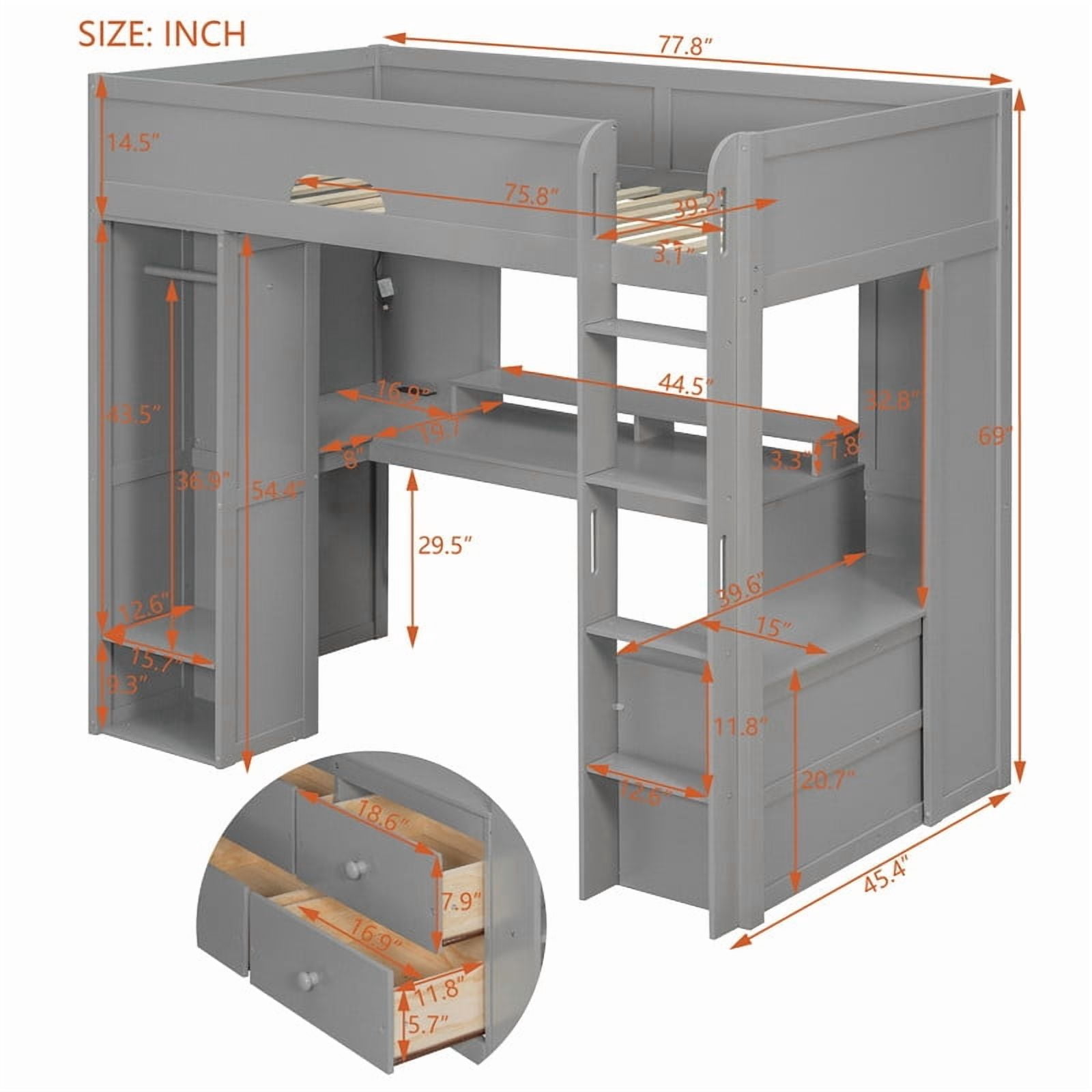 Twin Versatile Loft Bed with L-Shaped Desk, LED Light Strip & Charging Station, Storage Kids Bed Frame with Drawers & Wardrobe