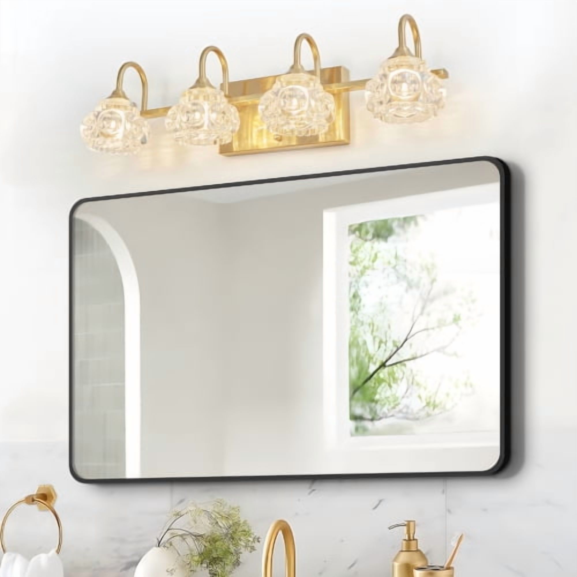 ACE-LIGHTS,Retro 4-Light Bathroom Vanity Light Fixture with Crystal Glass Shades(Bulbs Not Included),Wall Mounted Lighting for Bathroom,Dressing Room,Powder Room and Vanity Mirror(Golden）