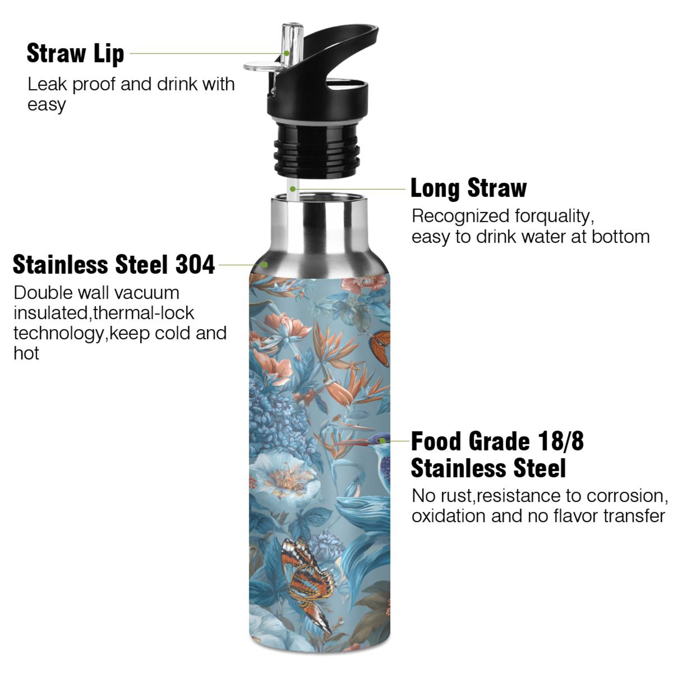 600ml Vacuum Insulated Sports Water Bottle with Foldable Straw Stainless Steel Portable Thermos Cup Birds and Flowers