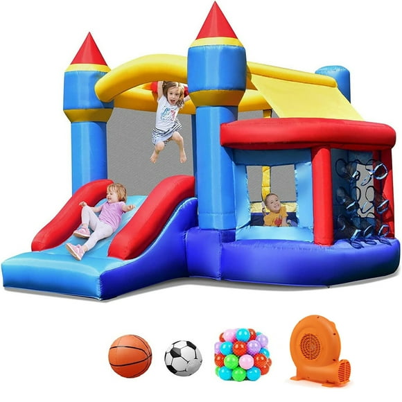 Gymax Inflatable Bounce House Castle Slide Bouncer Kids Basketball Hoop w/ 550W