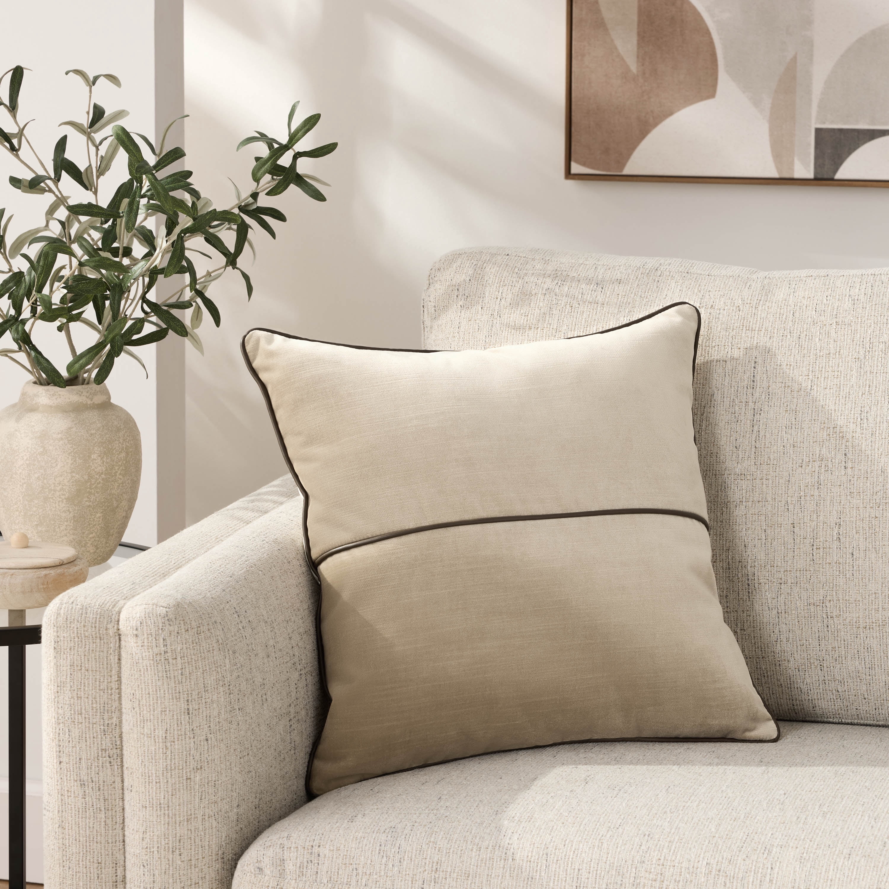 Mainstays 18" x 18" Beige Velvet With Faux Leather Trim Polyester Decorative Pillow