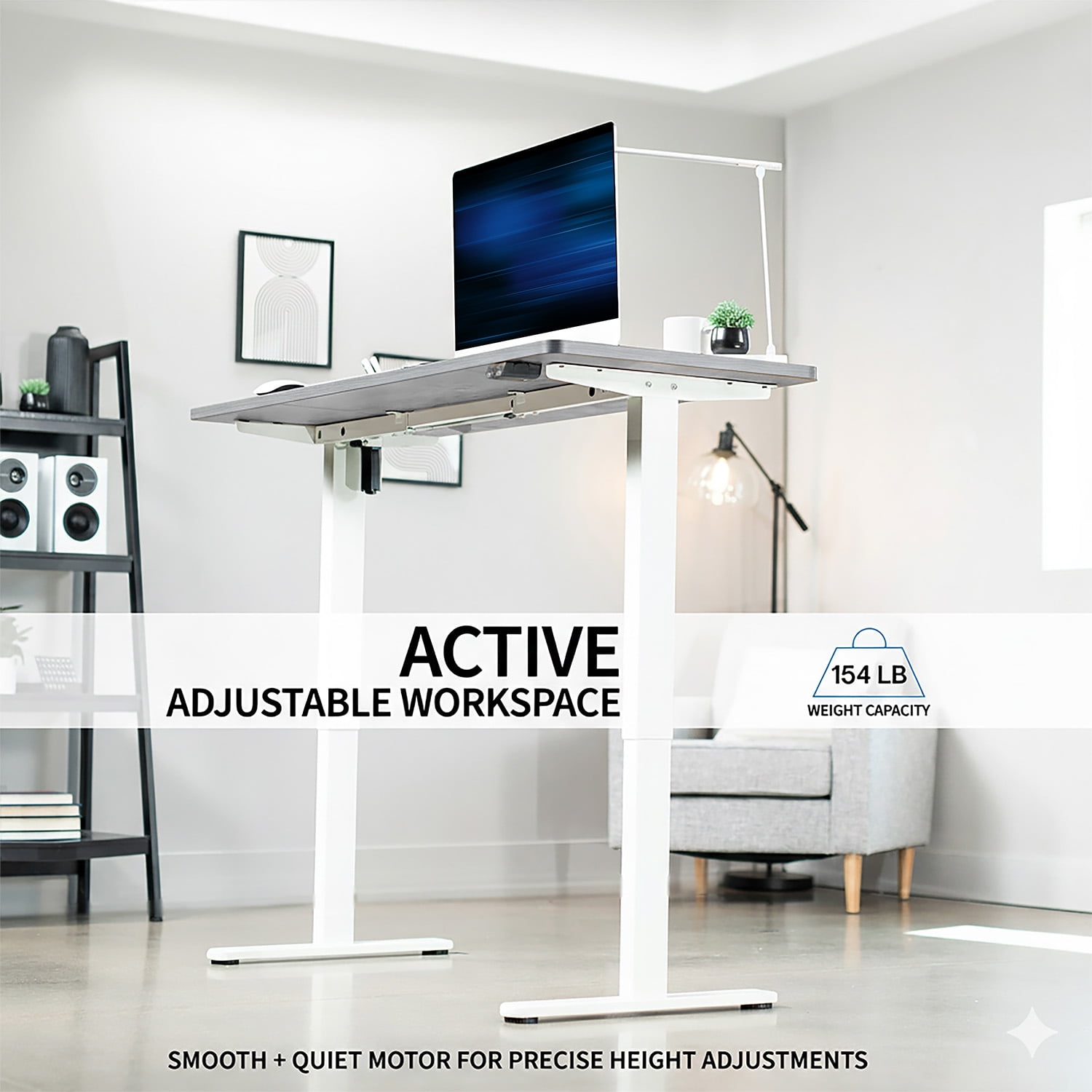 VIVO Electric 60”x24” Stand Up Desk, Dark Gray Table Top, White Frame