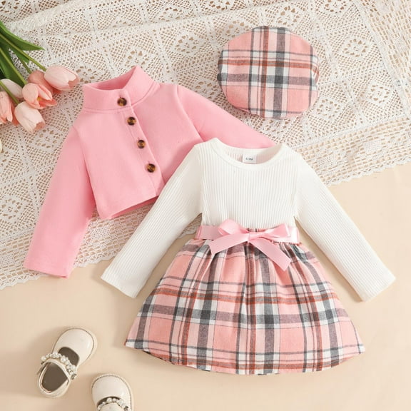 BRGZLK Girls Cute 3 Piece Outfits Sweet Fashion Solid Color Fleece Lined Stand Collar Long Sleeve Coat Classic Plaid Waist Belt Dress Beret Three Pieces Set Pink 18-24 Months