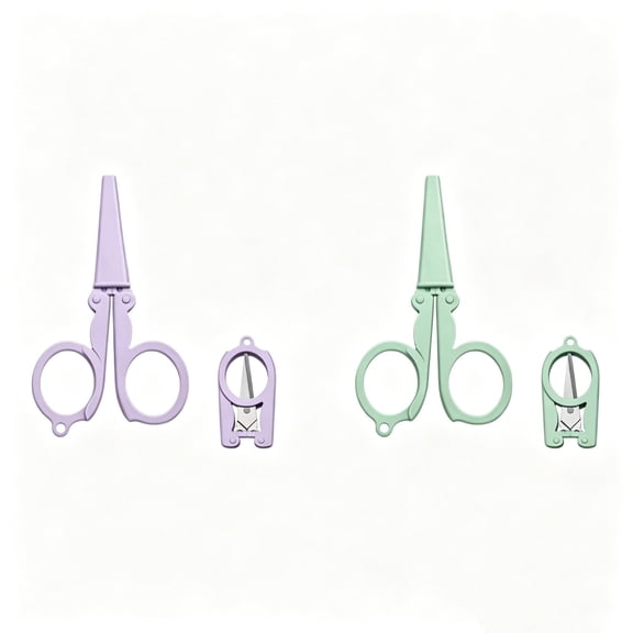 2Pcs Badge Reel Scissors, Mini Folding Scissors Foldable Cutter Stainless Steel Scissors with Safety Cap, Ideal for Crafting, Scrapbooking, Sewing, (Purple,Green)