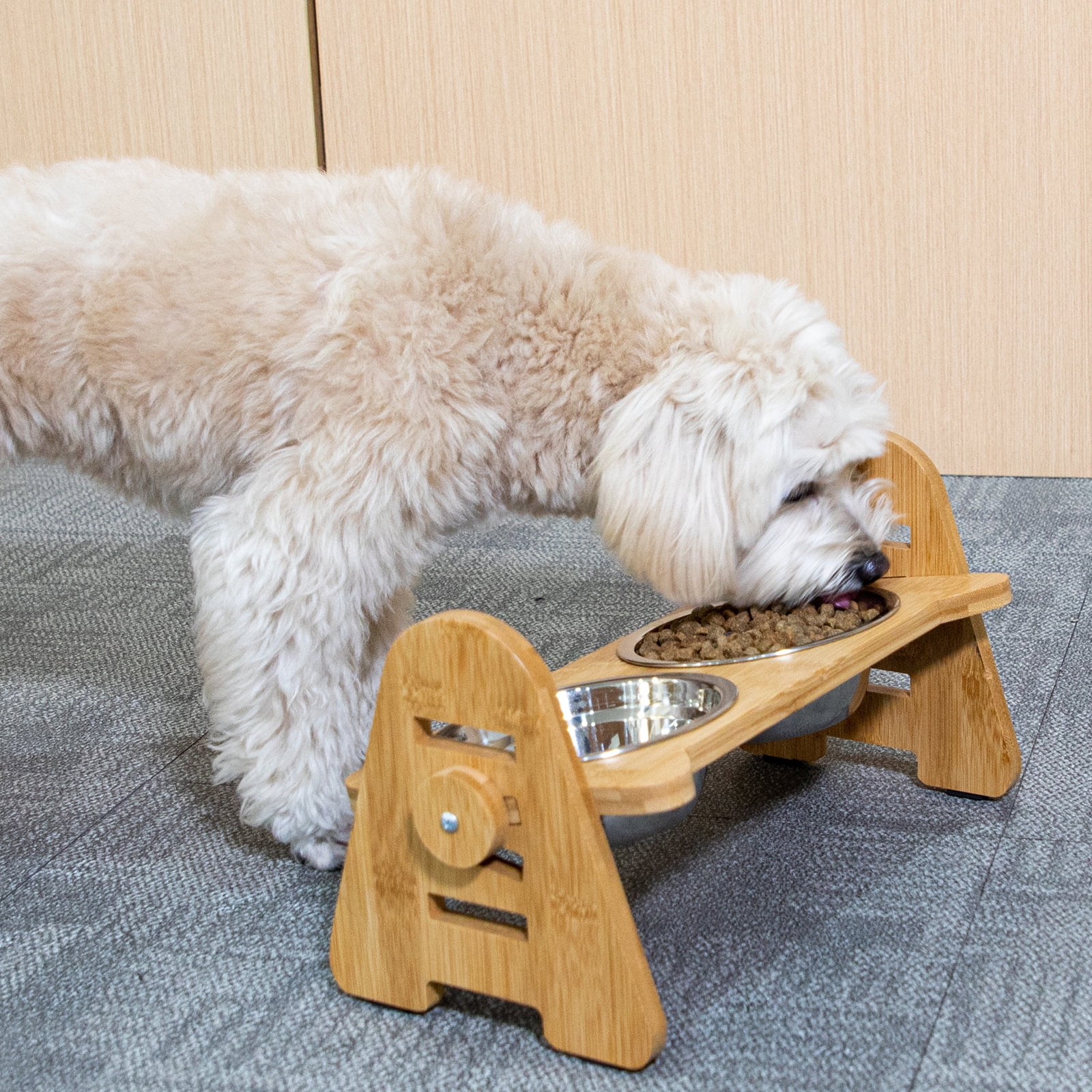 Kitgo Adjustable Elevated Stainless Steel Bowl for Dogs and Cats, Durable Bamboo Frame Feeding Tray Dog Bowl, 15° Tilt Elevation with 2 Stainless Steel Bowls and Non-Slip Feet