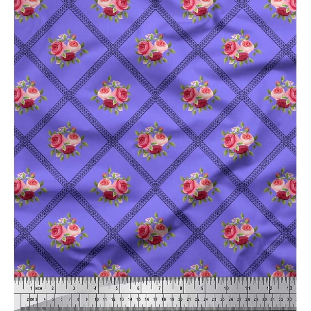 Soimoi Satin Silk Fabric Check,Leaves & Rose Floral Print Fabric by Yard 42 Inch Wide