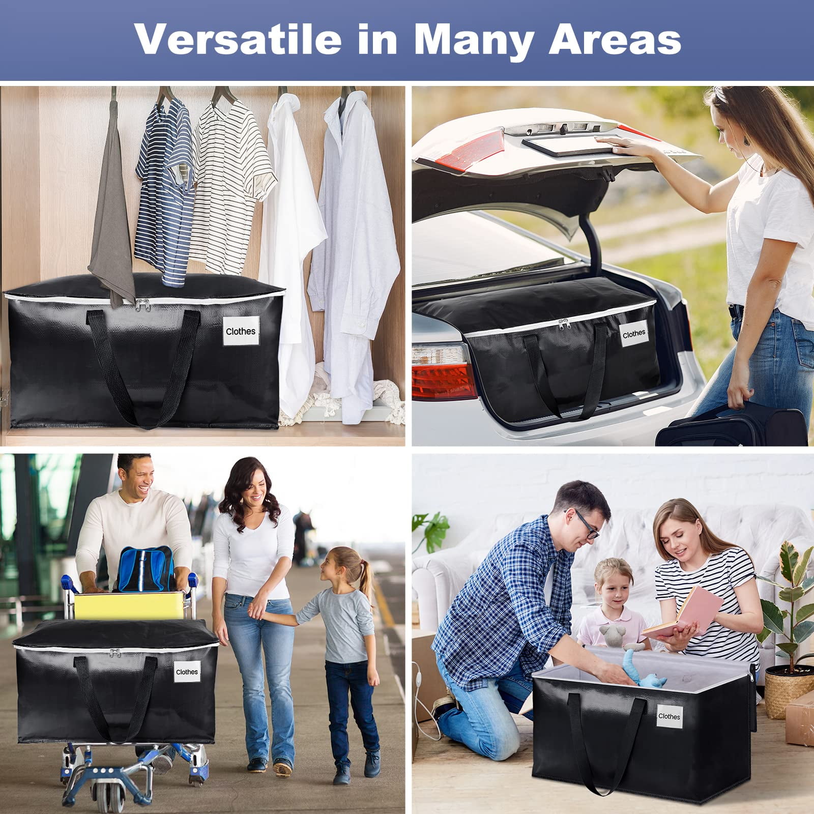 8 Pack Totes for Storage Large Moving Bags Heavy Duty, Moving Boxes with Zippers Top and Sturdy Handles, Dorm Storage Bags for Space Saving and Packing,Collapsible Moving Supplies(Black,93L)
