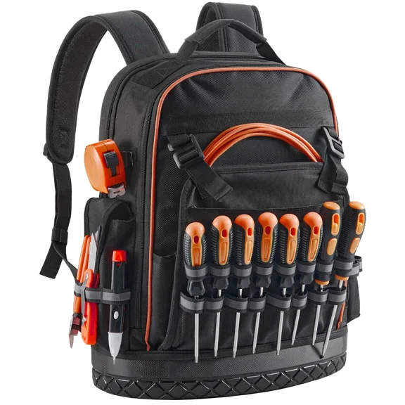 Professional tool backpack with 64 pockets for easy storage, tear-resistant, suitable for electricians and construction site backpacks.
