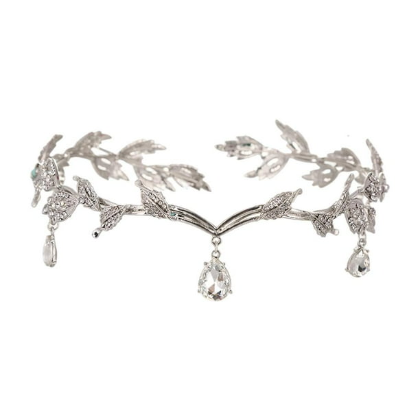 Diadema con cadena para la frente, corona de cristal, tiara con hojas de diamantes de imitación para fiesta de graduación, novia Plata