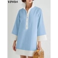 thumbnail image 2 of VONDA 2024 Fashion Mini Dress Summer Sundress Women Turn-down Collar 3/4 Flare Sleeve Casual Loose Patchwork Party Short Vestido, 2 of 5