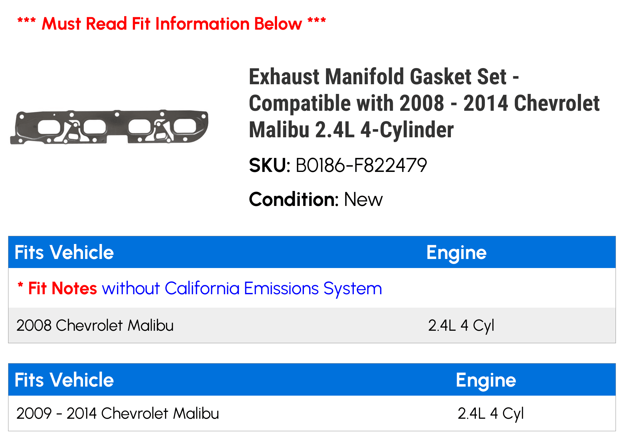Exhaust Manifold Gasket Set Compatible with 2008 2014 Chevy Malibu 2.4L  4-Cylinder 2009 2010 2011 2012 2013