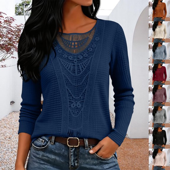 CAIXIA Long Sleeve Shirts for Women Boho Tops Trendy Blouses Dressy Casual Lace Tops Fall Outfits Fashion Winter Clothing Tunic Tops Loose Fit Business Casual Outfits