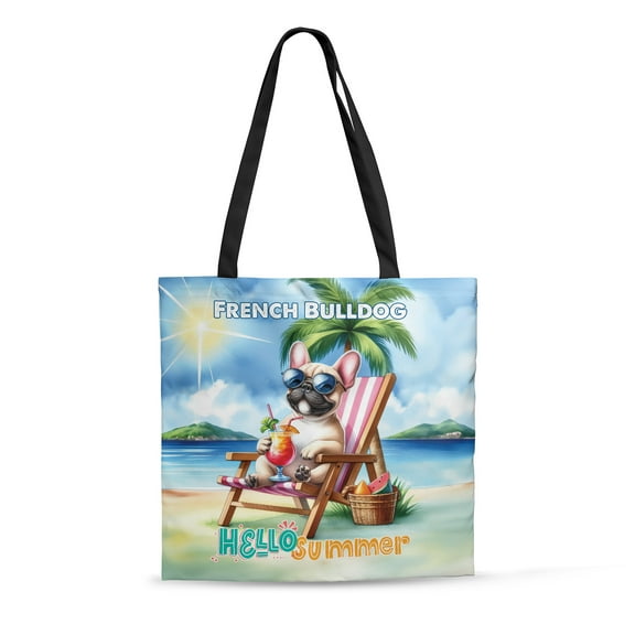 French Bulldog Hello Summer Beach Theme with Sunglasses and Tropical Cocktail All Over Print 3D Canvas Tote Bag Dog Lover Gifts Reusable Handbag - 00009