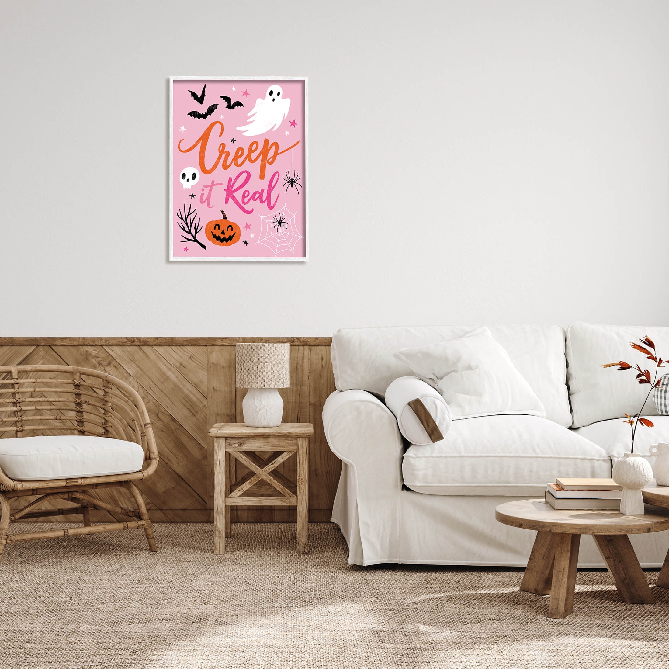 Creep It Real Pink Halloween Phrase Holiday Graphic Art White Framed Art Print Wall Art