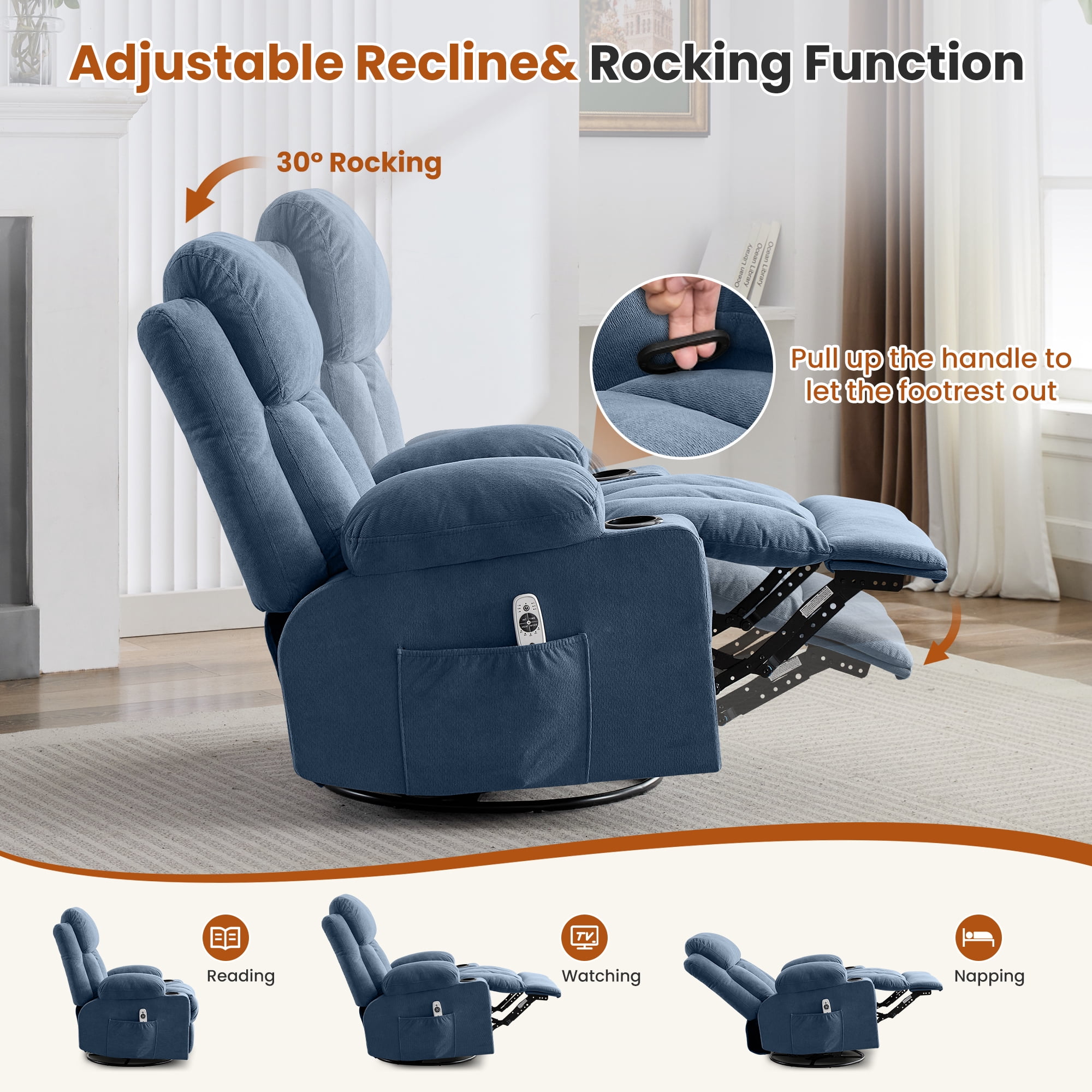 360° Swivel Rocker Manual Recliner Chair with Heat, Massage, USB Charge Port, cup holders