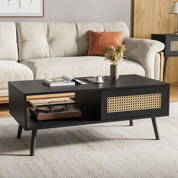 Rattan Coffee Table with Storage Boho Sliding Door Center Table for Living Room Bedroom Easy Assembly